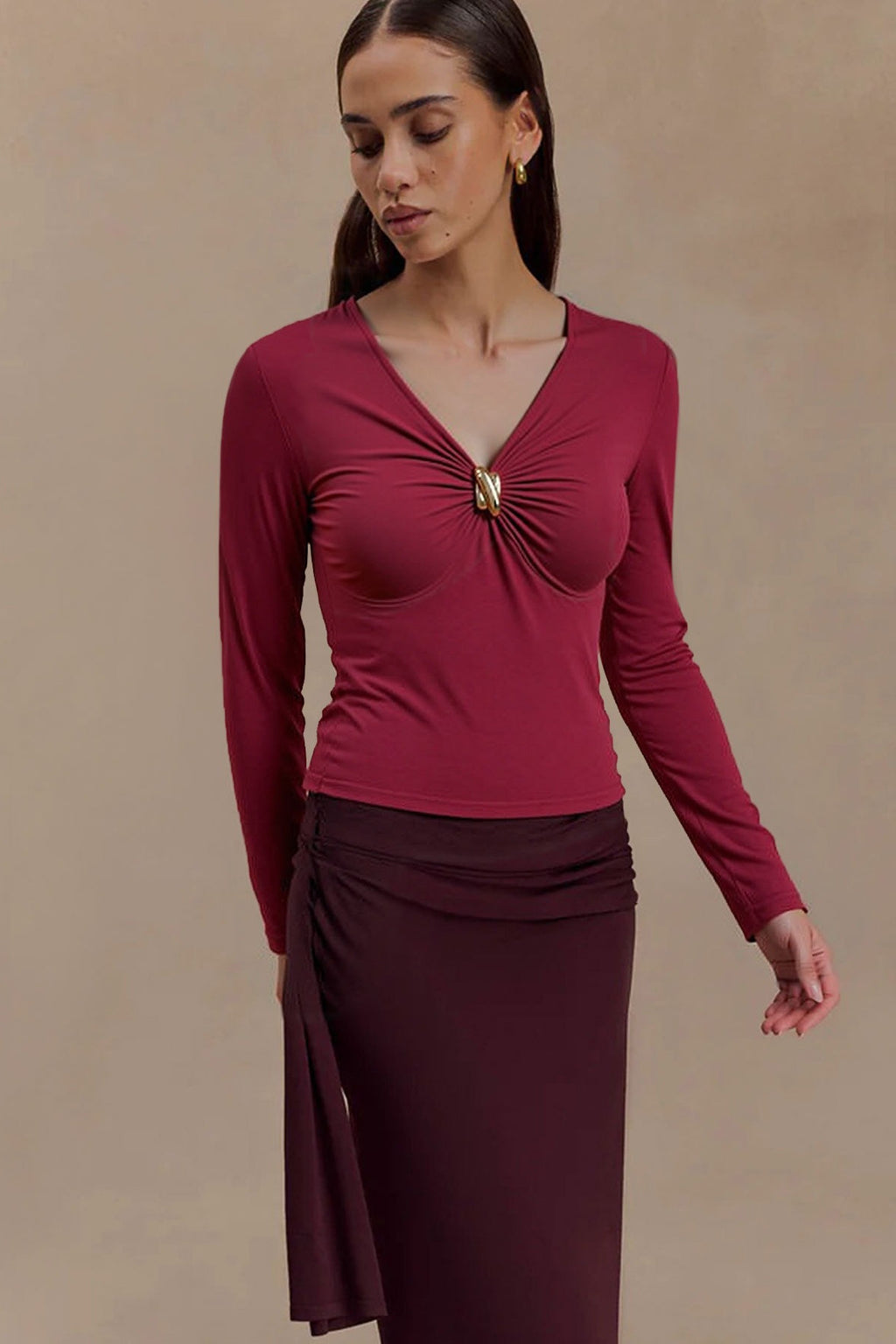 Wine Red V Neck Bodycon Long Sleeve Tee