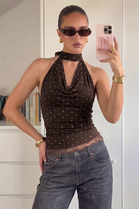 Polka Dot Lace Trim Backless Tie Tube Halter Top Secondary image