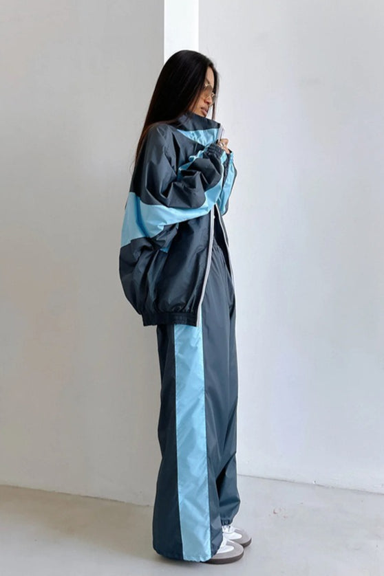 Contrast Trim Zip Jacket Two Piece Set