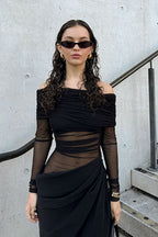 Off Shoulder Sheer Tulle Mesh Slim Fit Elegant Prom Dress