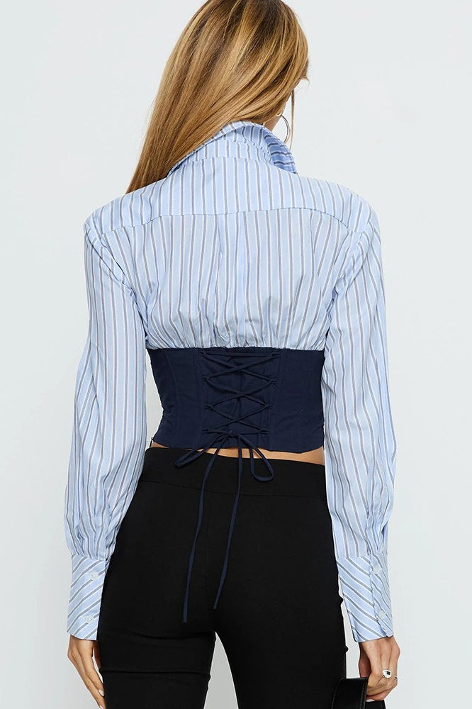Corset Waist Striped Long Sleeve Blouse