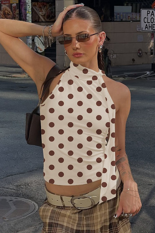 Apricot Polka Dot Tie Neck Sleeveless Halter Top Main image