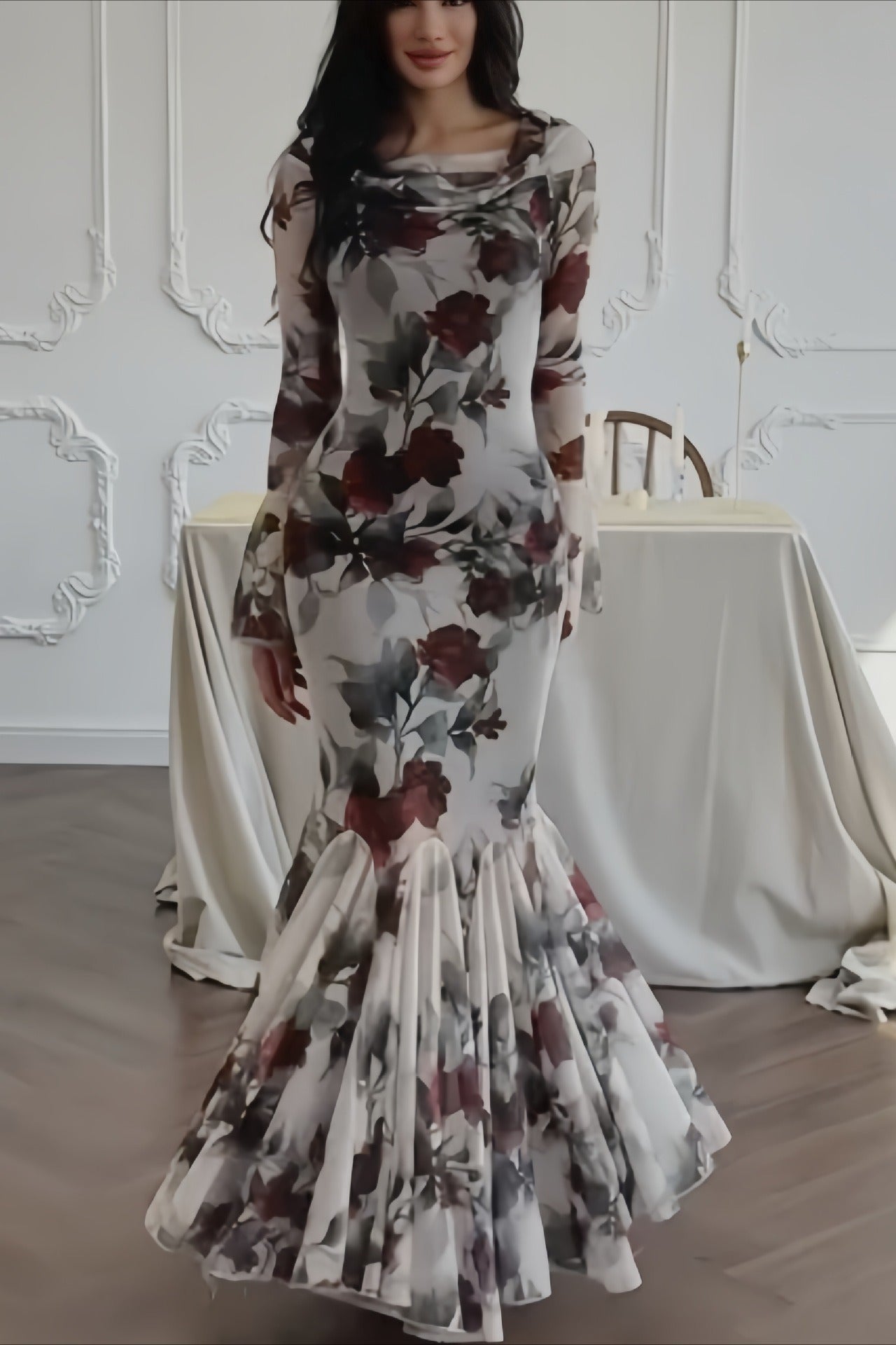 Elegant Long Sleeve Mermaid Rose Floral Dress Secondary image