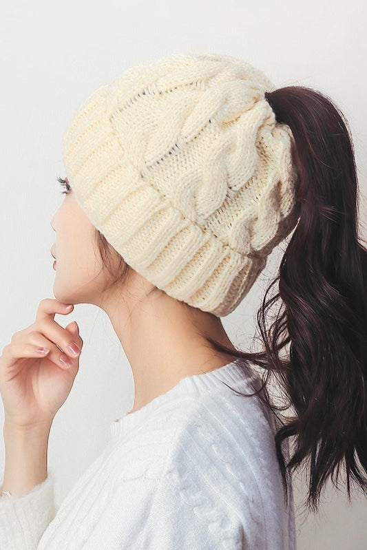 Solid Color Ribbed Ponytail Beanie Hat Main image
