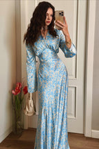 Elegant V Neck Flare Sleeve Maxi Floral Dress