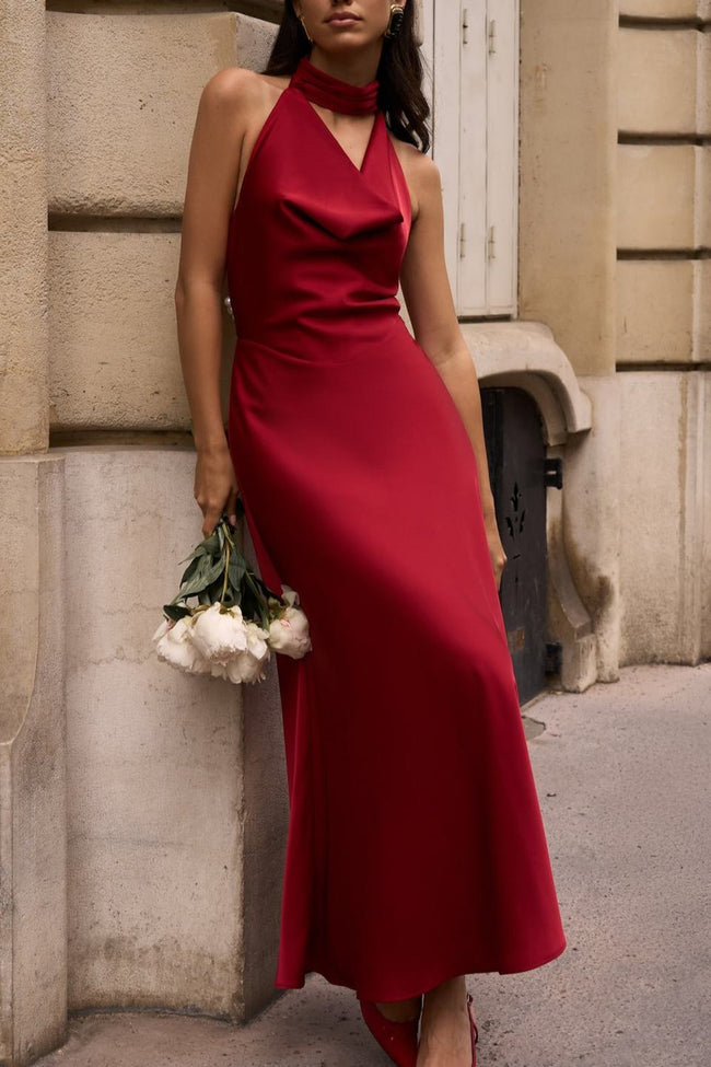 Satin V-Neck Halter Backless Maxi Party Dress Main image