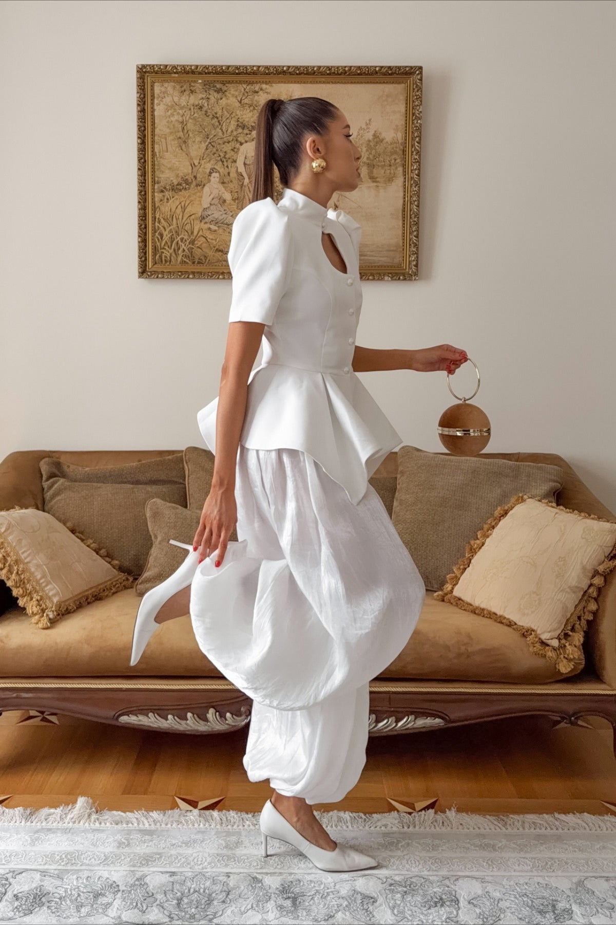 Keyhole Puff Sleeve Asymmetric Peplum Blouse