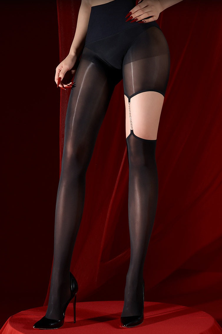 Asymmetric Glossy Rhinestone Chain Sheer Tights