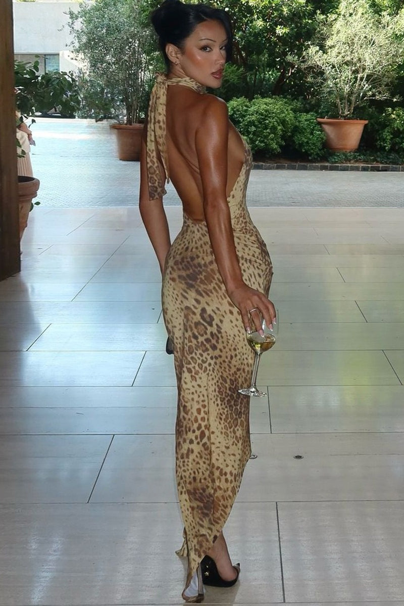 Halter Leopard Print Fitted Backless Asym Midi Dress Secondary image