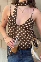 Brown Polka Dot V Neck Mesh Cami