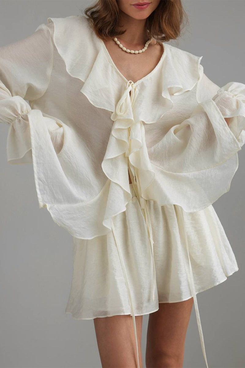 V Neck Ruffle Tie Front Blouse Shorts Set Secondary image