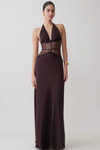 Lace Inset Halter Satin Formal Dress