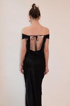 Satin Off Shoulder Backless Tie Waist Slim Fit Long Sexy Prom Dress