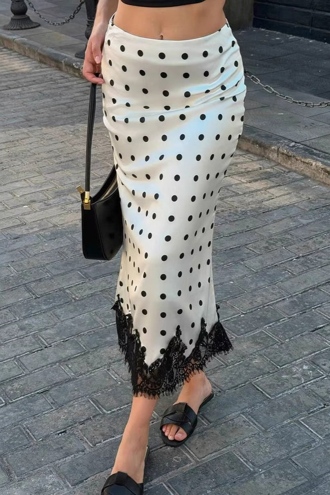 Satin Polka Dot Lace Bodycon Midi Skirt Main image