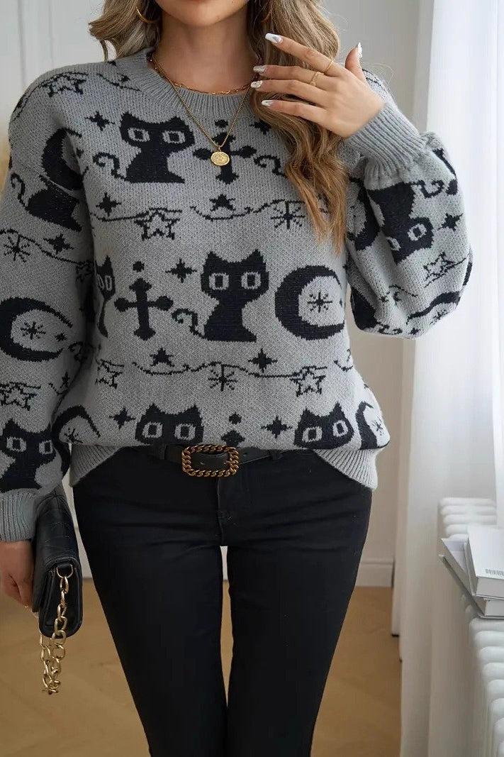 Black Cat Moon Jacquard Knit Sweater