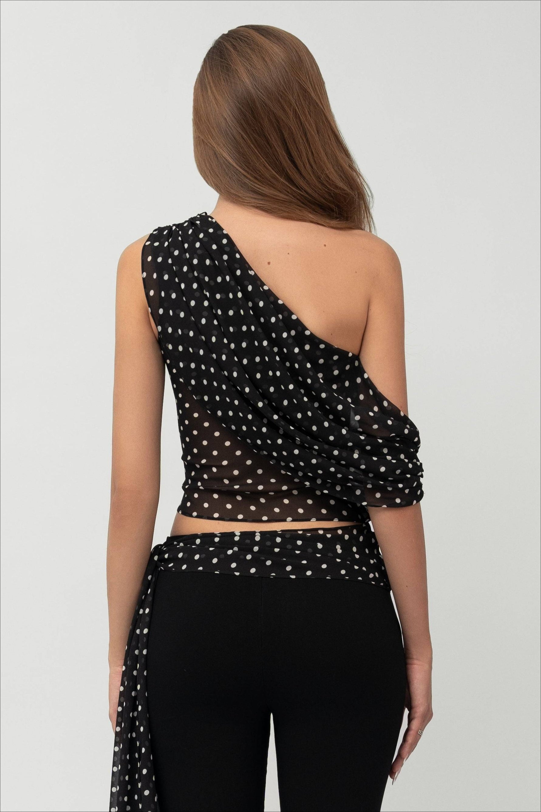 Polka Dot One Shoulder Sheer Chiffon Crop Top Secondary image