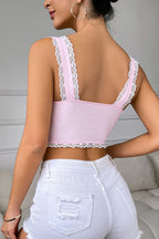 Lace Trim Patchwork Sexy Slinky Backless Crop Top