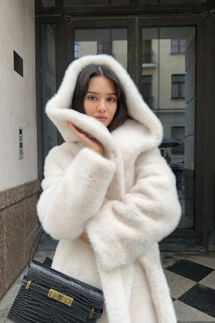 Long Hooded Belted Mink Faux Fur Overcoat Secondary image