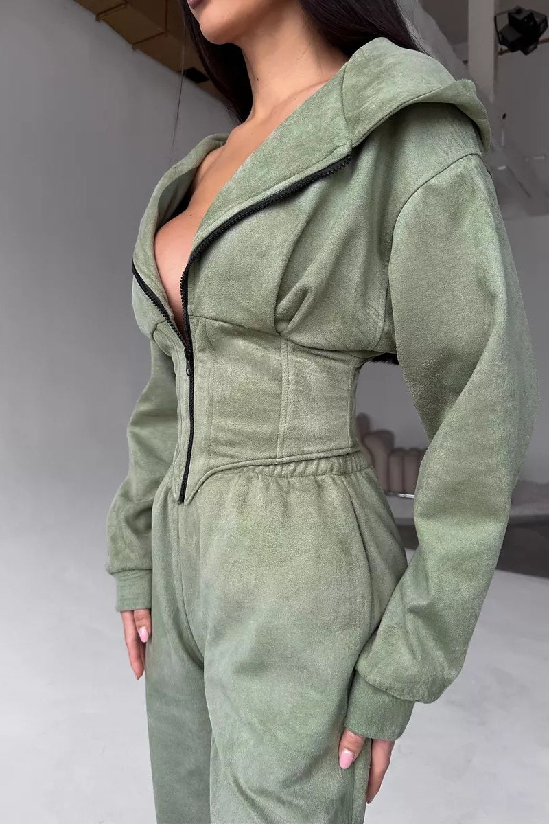Cropped Zip Hoodie Wide Leg Pants Set