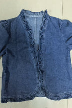 Ruffle Trim Fitted Denim Jacket