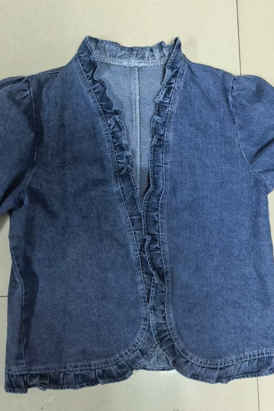Ruffle Trim Fitted Denim Jacket