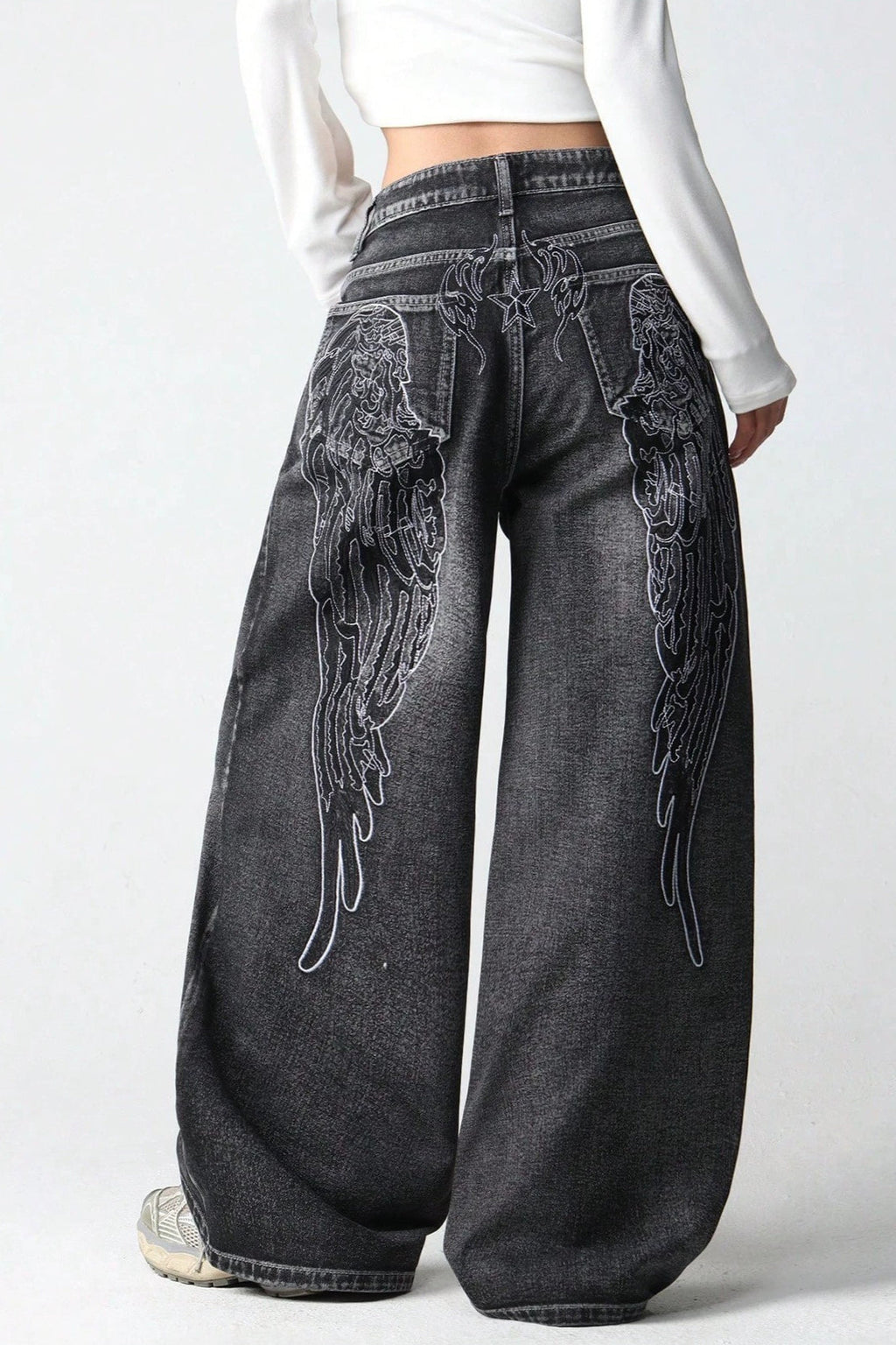 Wing Embroidered Baggy Wide Leg Jeans