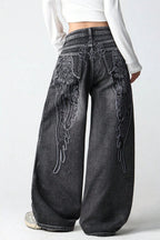 Wing Embroidered Baggy Wide Leg Jeans
