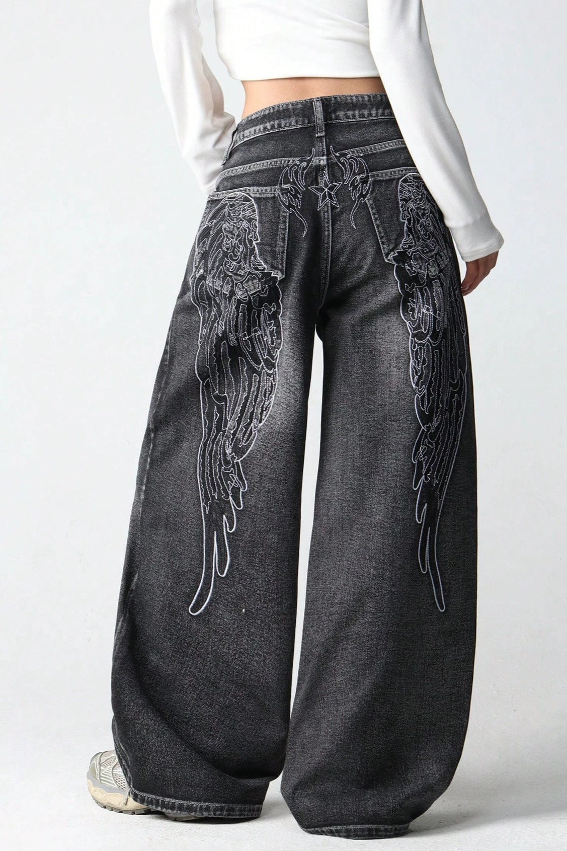 Wing Embroidered Baggy Wide Leg Jeans