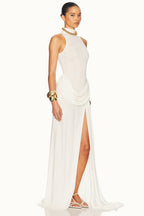 High Neck Ruched Side Slit Formal Dress