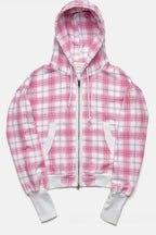 Pink Plaid Oversized Zip Up Street Hoodie