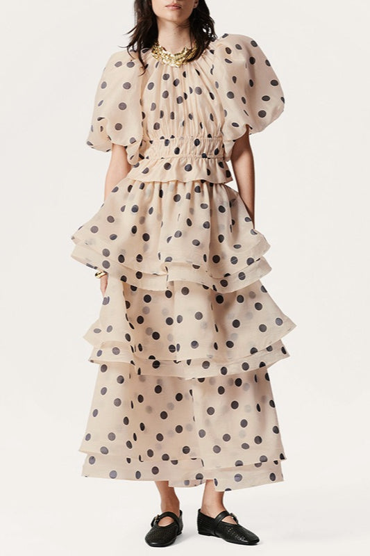 Polka Dot Puff Sleeve Ruffle Blouse A Line Tiered Skirt Set Secondary image