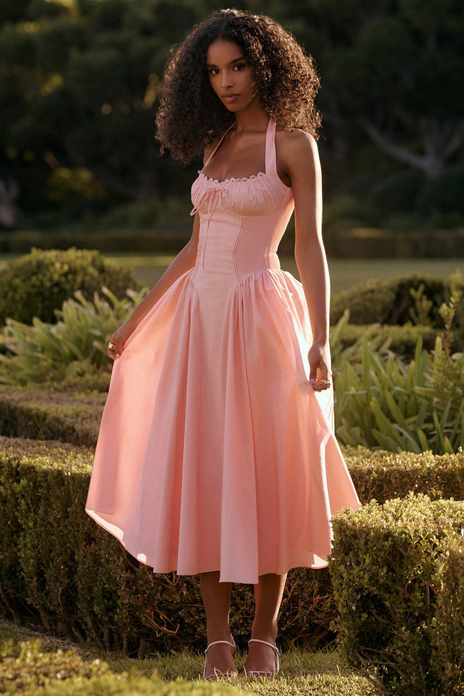 Floral Halter Lace Trim Long Sleeveless Prom Dress Main image