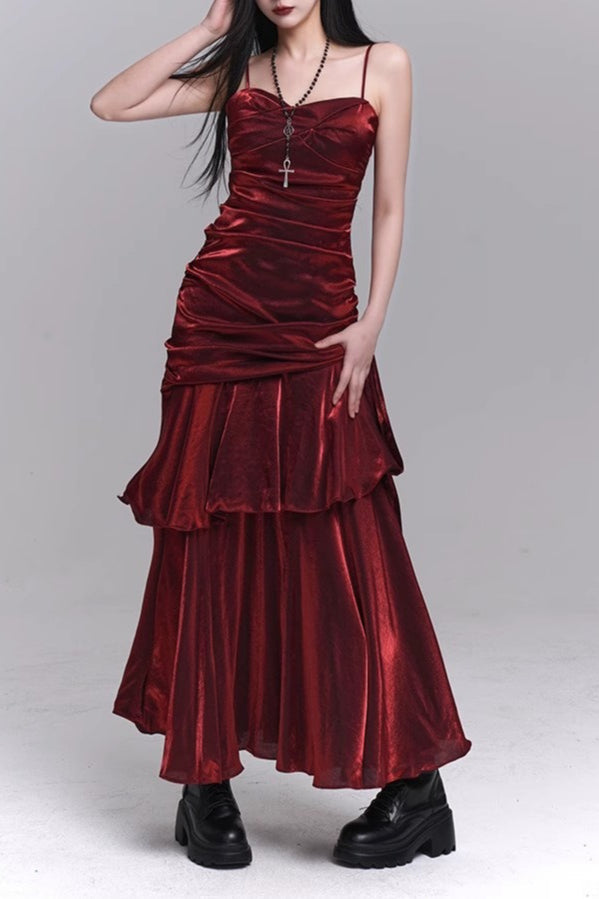 Asymmetrical Burgundy Ruffled Cami Party Dress S / Red Main image