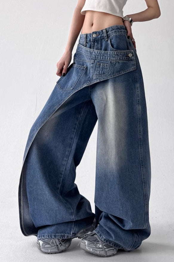 Asymmetric Panel Patchwork Wide Leg High Waist Jeans Secondary image