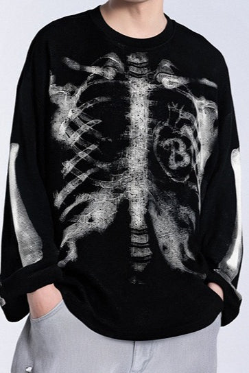 Skeleton Graphic Waffle Oversized Long Sleeve Tee