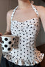 Polka Dot Ruffled Hem Halter Crop Top