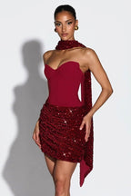Sequin Draped Scarf Strapless Cocktail Dress