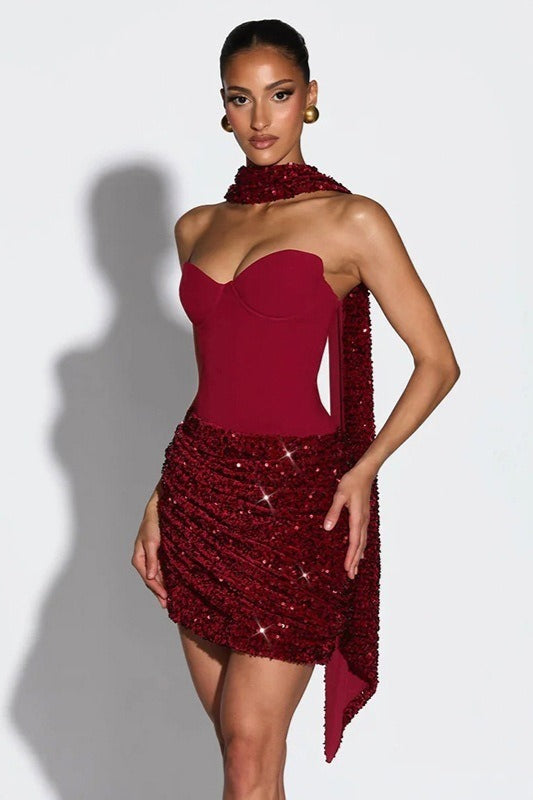 Sequin Draped Scarf Strapless Cocktail Dress