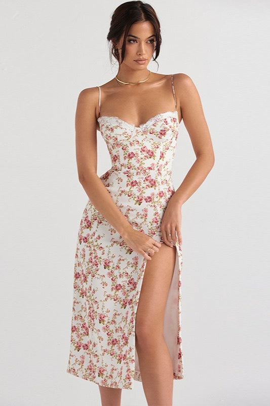 Lace Strap Slit Slim Maxi Floral Dress Main image