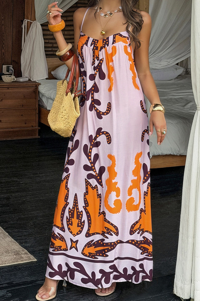 Vintage Orange Brown Floral Boho Maxi Dress Main image