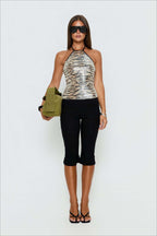 Sequin Tiger Print Tie Neck Halter Top
