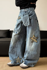 Leopard Print Patchwork Tie Loose Wide Leg Retro Jeans