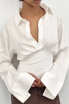 Gathered Waist Bell Sleeve Button Blouse