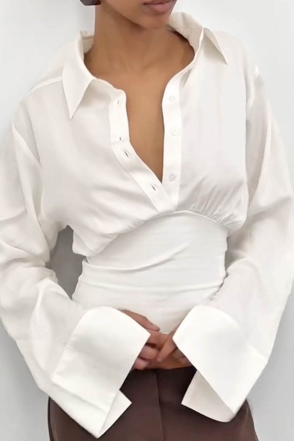 Gathered Waist Bell Sleeve Button Blouse