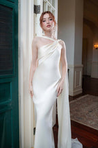 Elegant Satin Slant Neck Sheath Formal Dress S / White