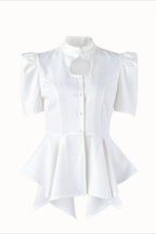 Keyhole Puff Sleeve Asymmetric Peplum Blouse