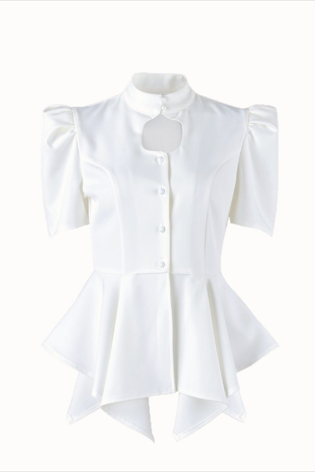 Keyhole Puff Sleeve Asymmetric Peplum Blouse