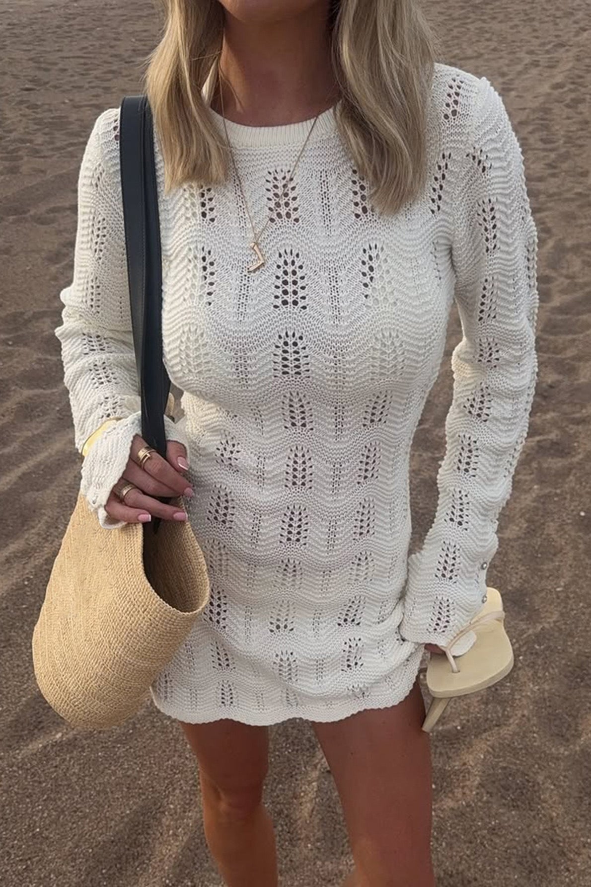 White Knitted Hollow Out Backless Mini Dress Main image