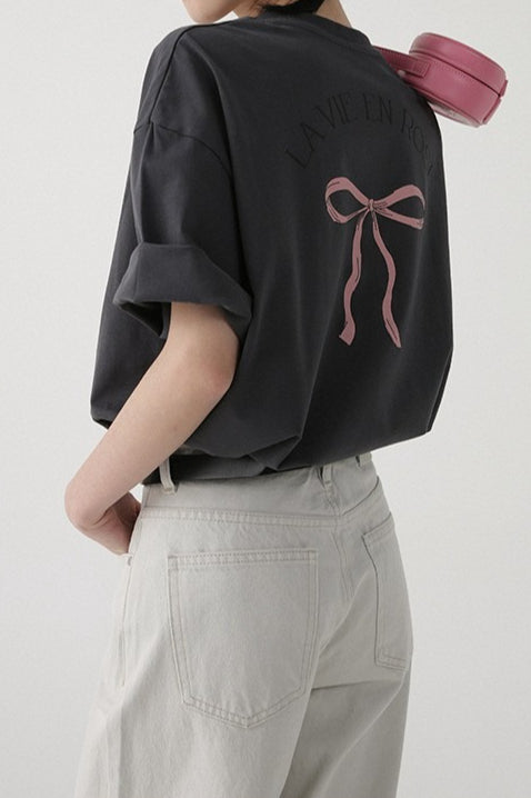 Cotton Bow Print Minimalist Short Sleeve Tee