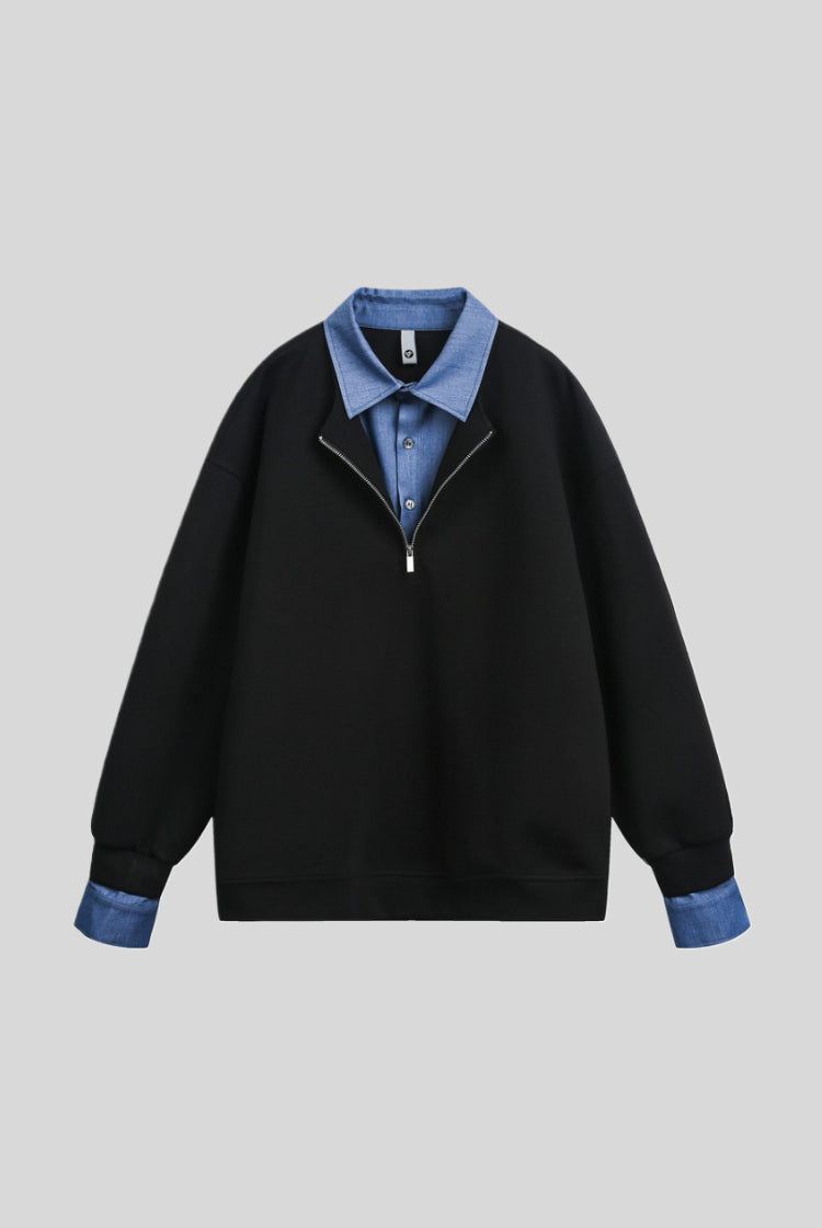 Layered Polo Collar Half Zip Oversized Sweatshirt
